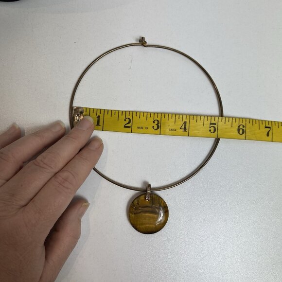 RMN Tigers Eye Wire Necklace Choker Round Pendant Aged Brass Finish Boho Hippie - Picture 6 of 7